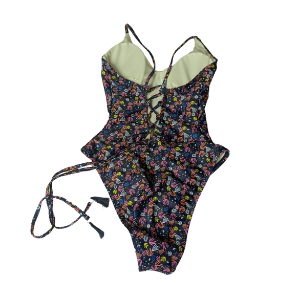 Highcut Lace Up One Piece (Tassel Tie Ends) Navy JellyFish "BirdFeet" Print NWOT - Picture 5 of 9